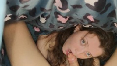 nice morning sex and beautiful blowjob under the covers from cute girl, facial for schoolgirl
