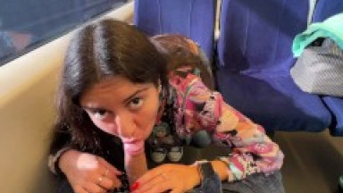 Shameless girl seduced a guy on the train and gave him a blowjob in public