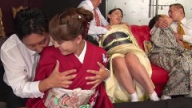 Lustful Asians keep their kimonos on while they have intense group sex with deep creampies