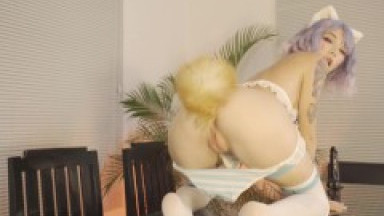 The cat in blue loves when stepdaddy cums in her ass. POV