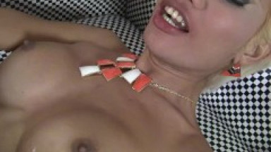 Two dudes take turns fucking a busty shemale on the couch