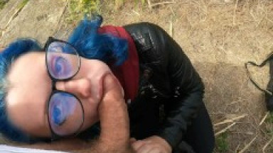 cutie with butt plug and jacket glasses with blue hair loves to have sex sucking dick on the river