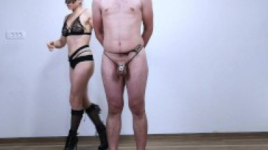 I put an anal hook in my Pet and tease his small caged penis