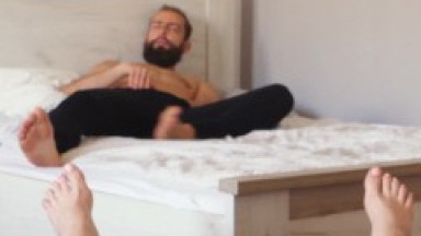 Guy jerks off in front of me and that brings my shaved tight pussy to real orgasm