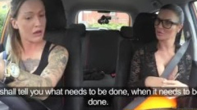 Fake Driving School Sexy strap on fun for new big tits driver