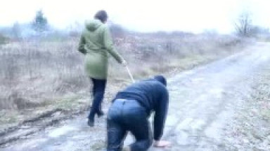 Walking the doggy in the cold - boots worship (femdom, footdom, boots licking, foot slave on leash)