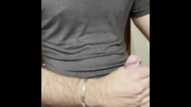 Stud Moans While Jerking and Teasing His Big Cock Until Cum On T-Shirt | Lots Of Precum