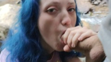cute schoolgirl with blue hair gives blowjob and sex to get cum on face