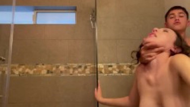 Busty teen gets huge load in bathroom