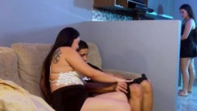 My slim friend and her boyfriend invite me over for dinner and I end up with his big cock in my tigh