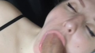 Hard blowjob with drool and cum in the throat